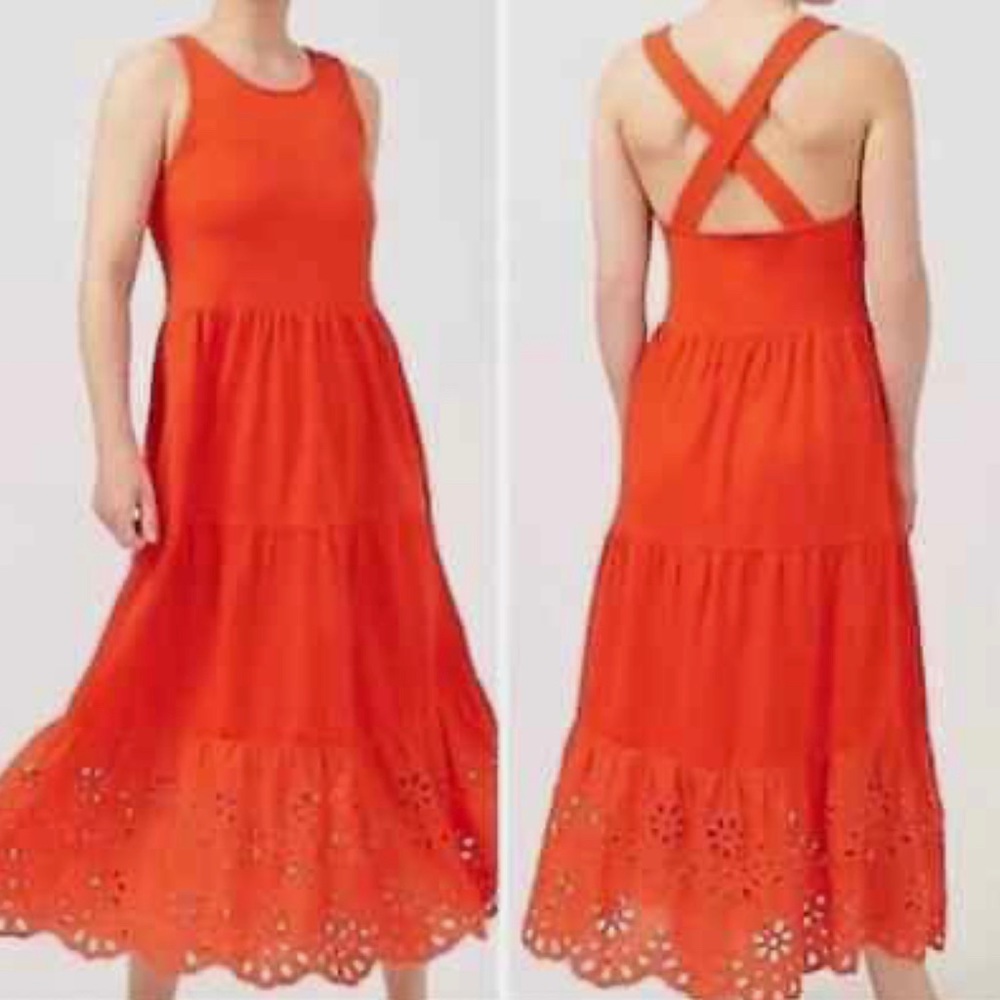 J. CREW Tiered Knit Maxi Dress with Eyelet Trim Orange Size Large